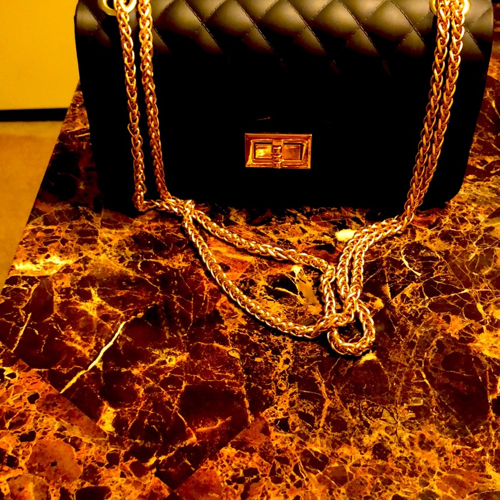 Black, faux leather gold chain shoulder bag